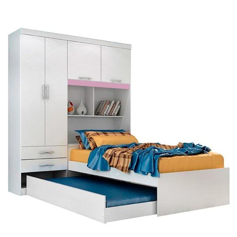 Guarda roupa solteiro com Bicama 4 portas 2 gavetas e Bau Milena ACP Móveis Branco/Lilas ACP MÓVEIS