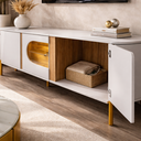 Ver imagem 2 de Rack Tv 75" 180cm Sala de Estar com Led e Vidro Pés em Aço Mdf Juquehy:cinamomo/off White