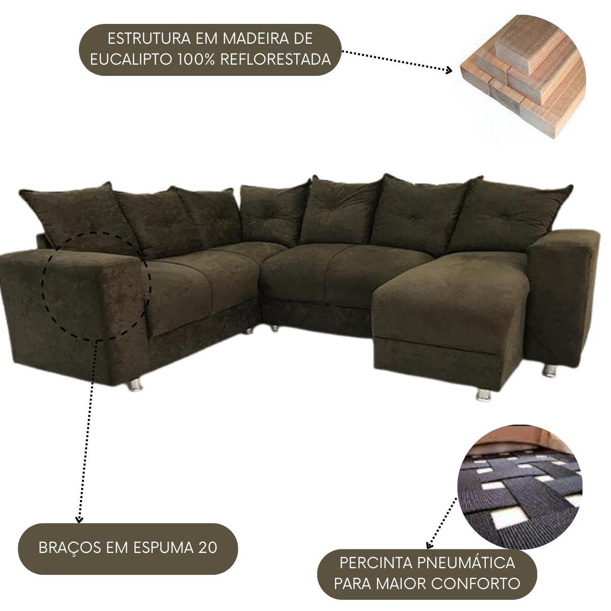 Sofá de Canto Para Sala Luxuoso Tecido Suede Macio Áustria Cor:Marrom - 2