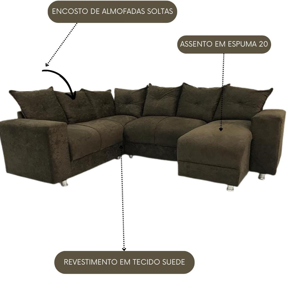 Sofá de Canto Para Sala Luxuoso Tecido Suede Macio Áustria Cor:Marrom - 4