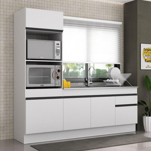 Armário de Cozinha Compacta 212cm com Rodapé Veneza Multimóveis V2113 Branco/preto