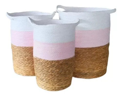Jogo 3 Cestos Fibra Natural Organizador Planta Branco Rosa - 1