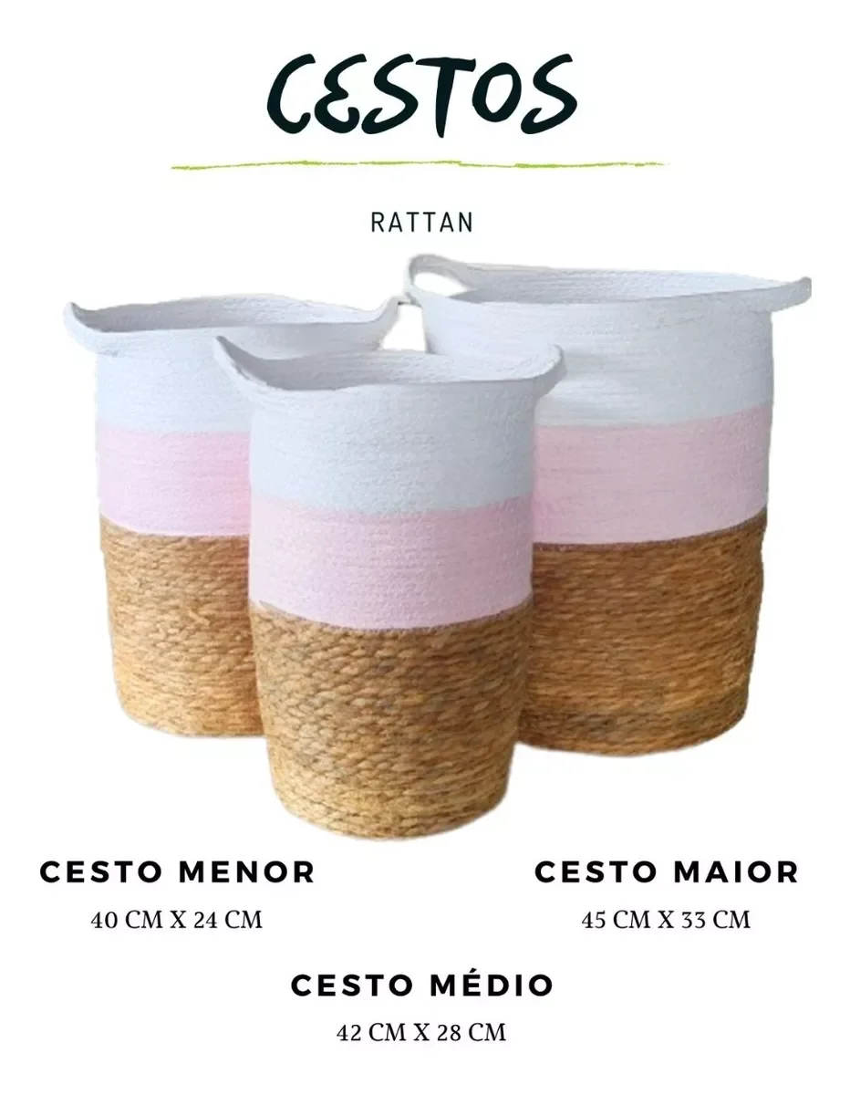 Jogo 3 Cestos Fibra Natural Organizador Planta Branco Rosa - 6
