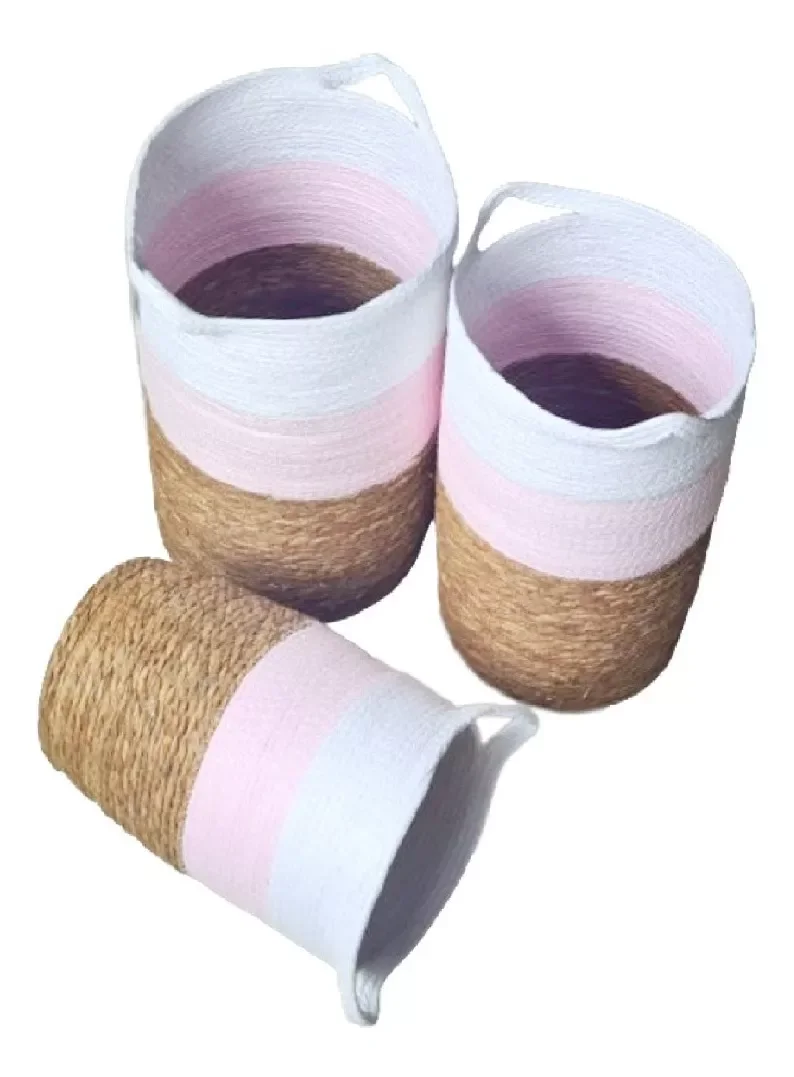 Jogo 3 Cestos Fibra Natural Organizador Planta Branco Rosa - 4