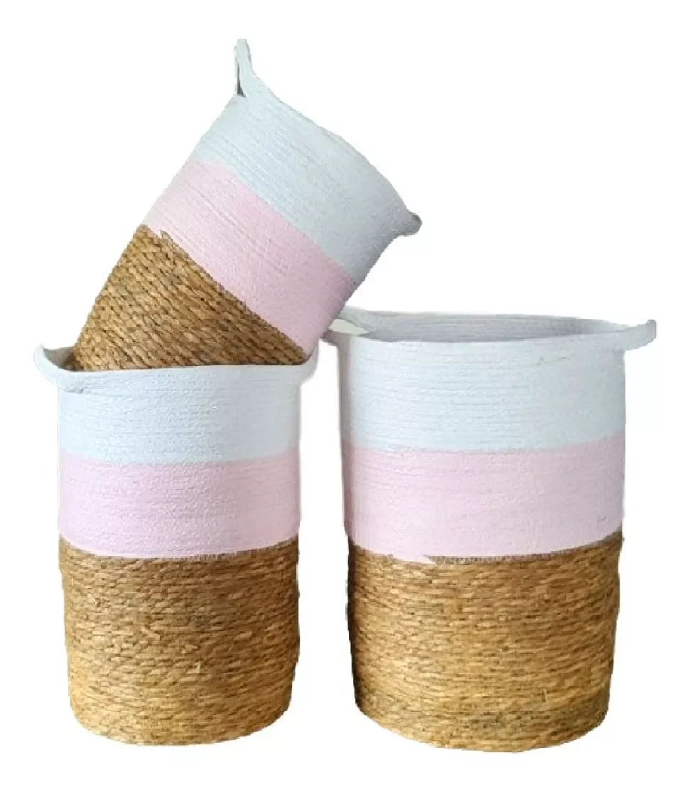 Jogo 3 Cestos Fibra Natural Organizador Planta Branco Rosa - 2