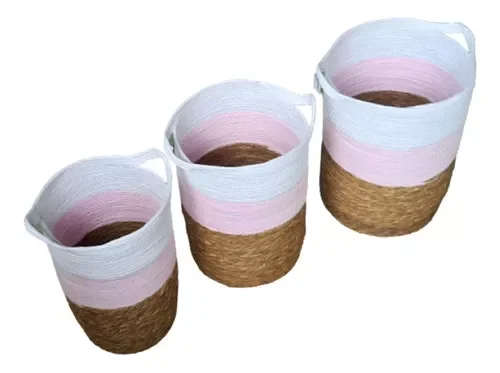 Jogo 3 Cestos Fibra Natural Organizador Planta Branco Rosa - 3