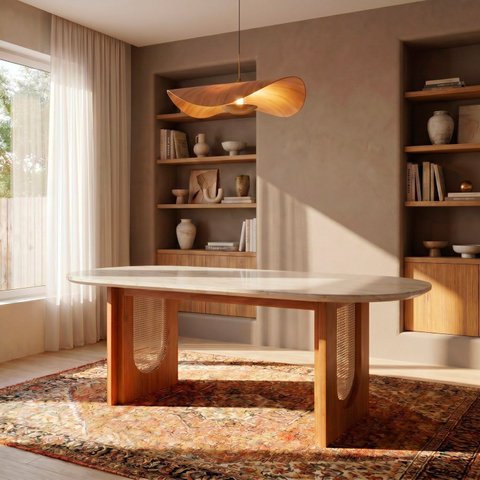 Mesa de Jantar Oval 8 Lugares 210cm MDF/Vidro Tali CabeCasa MadeiraOriginals Bege