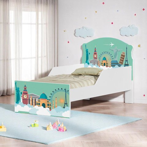 Cama Infantil Mundo Viagens Proteção Lateral Adesivo Uv Brilhante