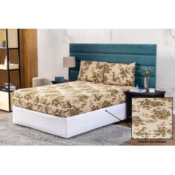 Capa de Colchão Viuva Solteirão 28cm + Fronha com Zíper Malha Estampada:2 Flor Bege - 2
