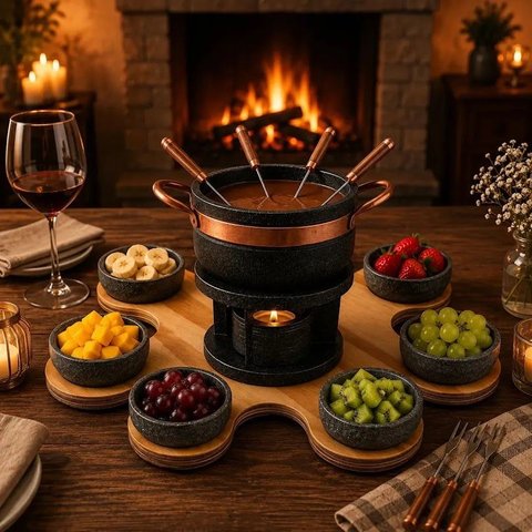 Kit Fondue Panela Pedra 800ml Suporte Giratório 06 Cumbucas