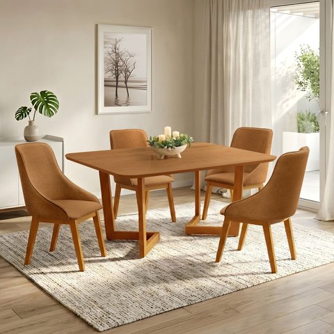 Conjunto Mesa Jantar 1,20m Amadeirado 4 Cadeira Verona Corino Caramelo Luxo