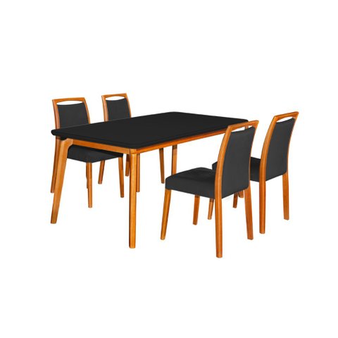 Mesa Jantar Luxo Jade 160x90cm Preto com 4 Cadeiras Estofadas Veludo Preto Base Madeira Maciça Mel