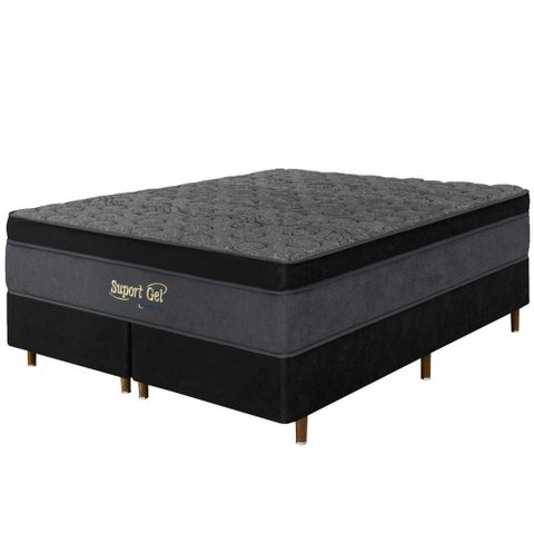 Cama Box Preta + Colchão King Size Suport Gel Molas Ensacadas Euro Pillow 193x203x75cm - Macio