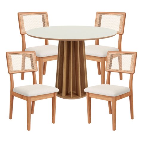 Kit Mesa de Jantar Redonda Base Ripado com 4 Cadeiras Estofada Encosto Tela Césare Dalla Costa