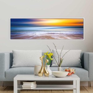 Quadro Panorâmico Mar E Sol Moldura Branca 120X35Cm