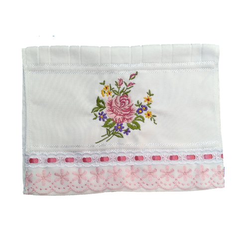 Toalha de Lavabo, de Mão, Estampa: Ramalhete de Rosa e botões. Cor: Branco Dohler Artesanalle