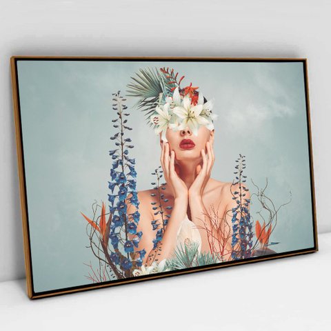Quadro Decorativo em Canvas Floral Florescer TaColado Moldura Flutuante 4,5cm Freijó 120 x 80cm
