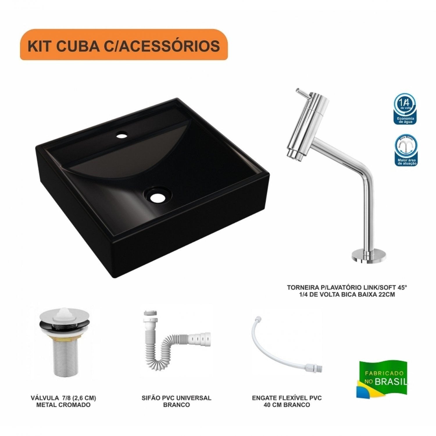 Kit Cuba Q39 com Torneira Pratika 1060 Metal e Válvula, Sifão Pvc e Flexível Compace - 3