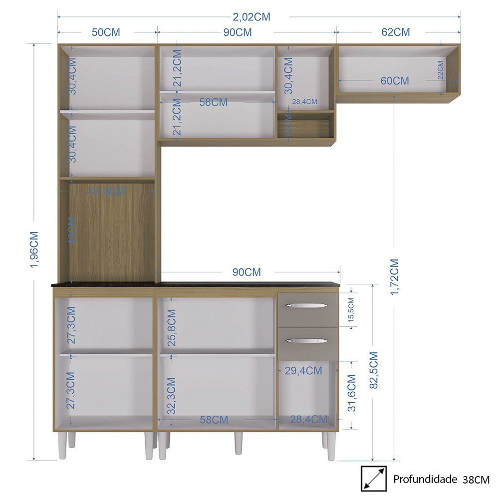 Oum Kitiyaページ！ Cozinha Compacta Completa com Balcão 202cm Dora P11 Damasco/Off