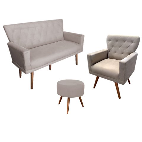 Kit Namoradeira + 1 Poltrona Decorativa Aurora + Puff Redondo Suede Bege Pés Madeira Mz Decor
