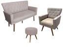Ver imagem 1 de Kit Namoradeira + 1 Poltrona Decorativa Aurora + Puff Redondo Suede Bege Pés Madeira Mz Decor