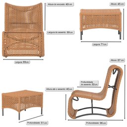 3 Poltronas e Mesa Texas em Alumínio Pintura Preta Corda Náutica Trama Original - 2