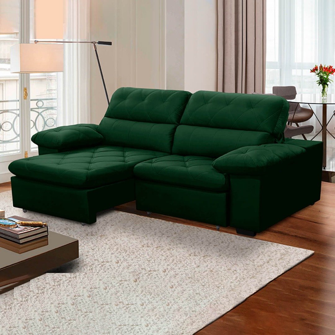 Sofa Retratil Reclinavel 2 Lugares 2,10m Crystal Veludo Verde Lansofbr Lansof Brasil