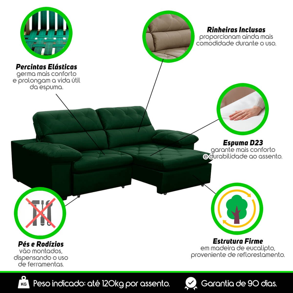 Sofa Retratil Reclinavel 2 Lugares 2,10m Crystal Veludo Verde Lansofbr Lansof Brasil - 6