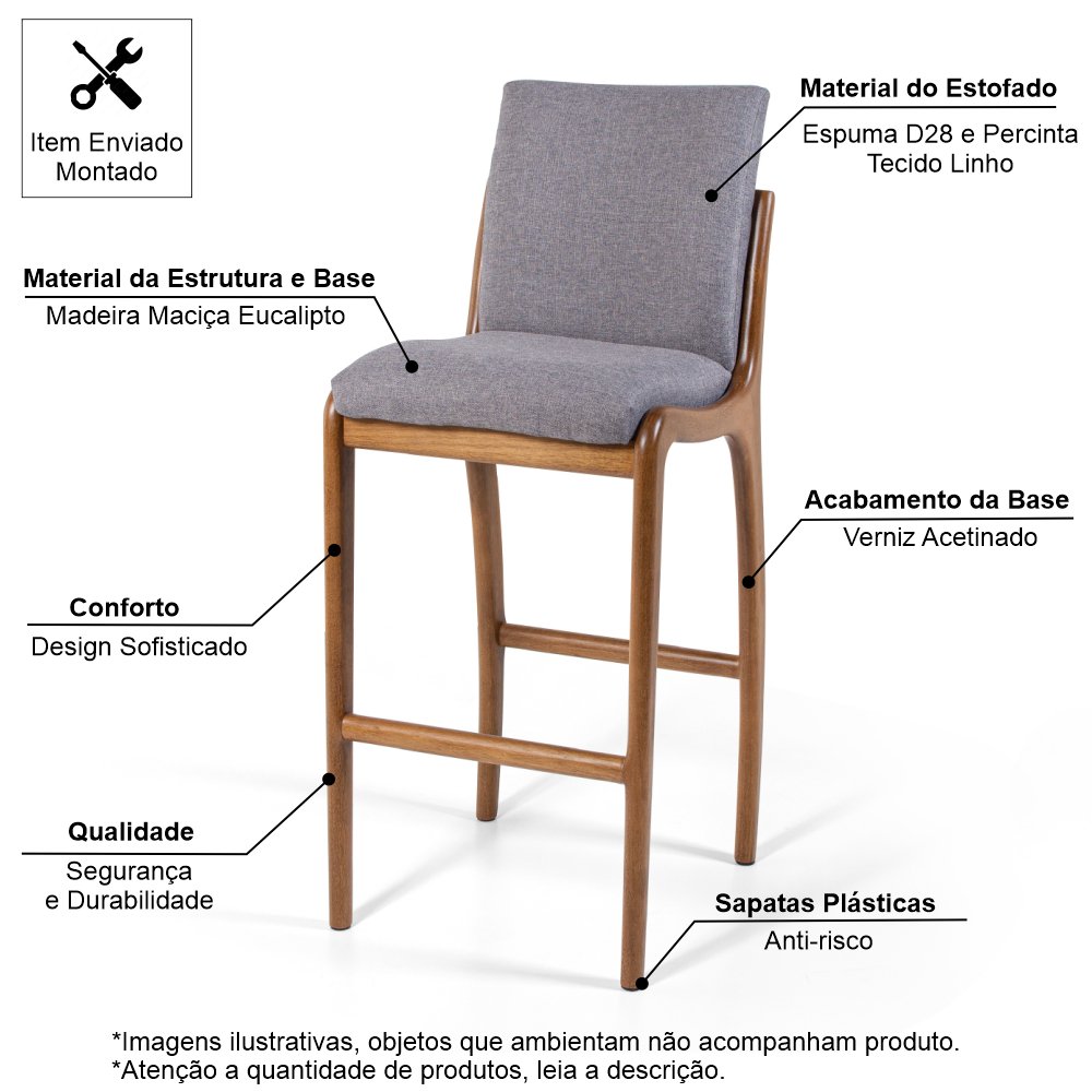 Banqueta Alta com Encosto Estofada em Madeira Maciça Garbo Cinza Escuro - Straub Web - 4