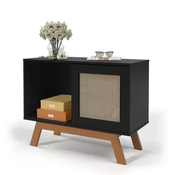 Mini Balcão Buffet Aparador Bar Porta de Correr Rattan pés em Madeira Preto Ofertamo- CNM - 9