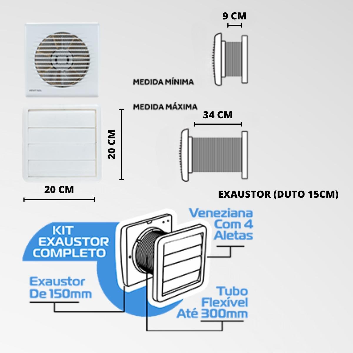 Kit Exaustor Banheiro Completo Bivolt 15cm Duto Grade Inseto - 2