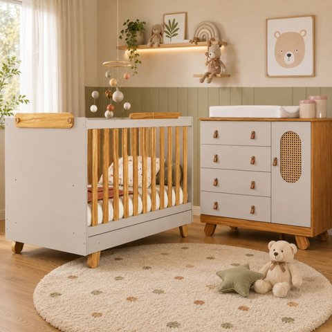 Kit Quarto Bebê Pingo Berço e Cômoda Tela Off White/Amêndoa