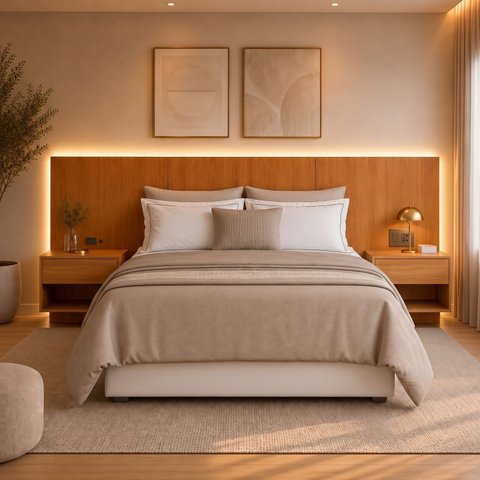 Cabeceira Casal Queen com 2 Mesas de Cabeceira LED 3500k e Tomadas 100% MDF Ayla