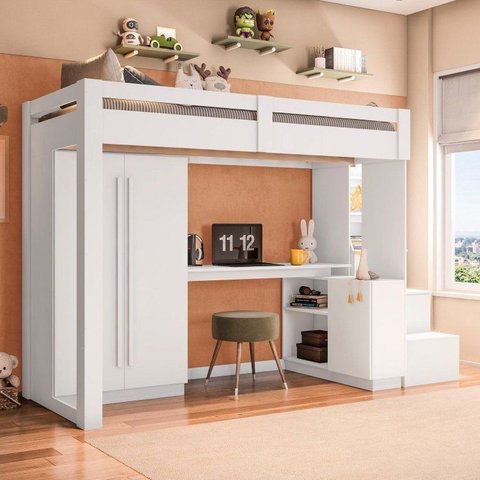 Cama Alta Beliche Office Infantil/Juvenil com Roupeiro e Escrivaninha Moon Yescasa Branco