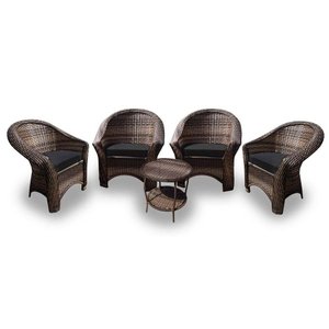 Conjunto de Poltronas Fibra Sintética Bali - 4 Poltronas + 1 Mesa Centro - Tecido Duna Preto