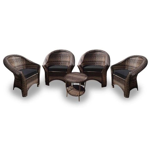 Conjunto de Poltronas Fibra Sintética Bali - 4 Poltronas + 1 Mesa Centro - Tecido Duna Preto