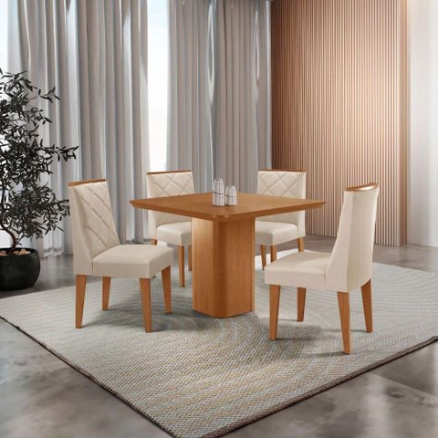 Mesa de Jantar Eloise Canto Copo 4 Cadeiras Isadora Moderna Veludo Creme/naturale