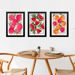 Kit 3 Quadros Elegantes para Cozinha - Frutas 33x24cm:moldura Preta - 1