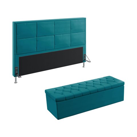 Kit Cabeceira Estofada Decorativa Para Cama Box Maia 195 e Calçadeira Sagitarius Sued Azul Turquesa 