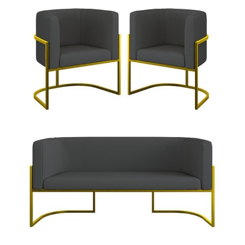 Kit Sofá 2 Lugares + 2 Poltronas Corino Gold Cinza