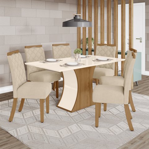 Conjunto Mesa de Jantar Luíza Henn sem Vidro com 6 Cadeiras Amélia - Nature/Off White/Linho