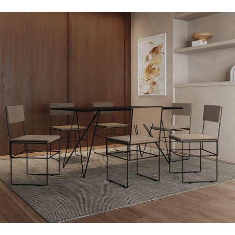Mesa Jantar Retangular Industrial Trama 1,50x0,90m Preta com 6 Cadeiras Estofadas Bege e Preta Vitó