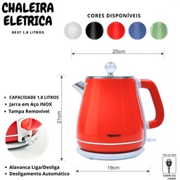 Chaleira Jarra Elétrica Colorida Colors 1.8 L Best Moderna Cor Vermelho 220v - 2