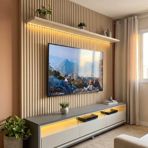Rack com Painel para TV até 90 Polegadas 100% MDF com LED e Gavetas 224x250x38cm Cinza/Off White
