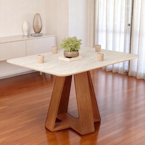 Mesa de Jantar Tampo Retangular Chanfrado Curvo Mad/vid 120 X 90cm Kiara Freijó Quartzo- Mabe Magazi