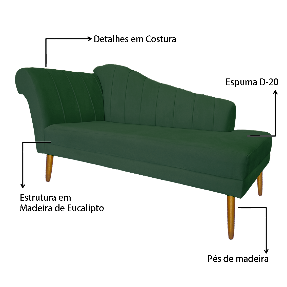 Recamier Divã Pés Palito para Sala Cecilia 1.60cm Veludo Verde - Incasa Decor - 7