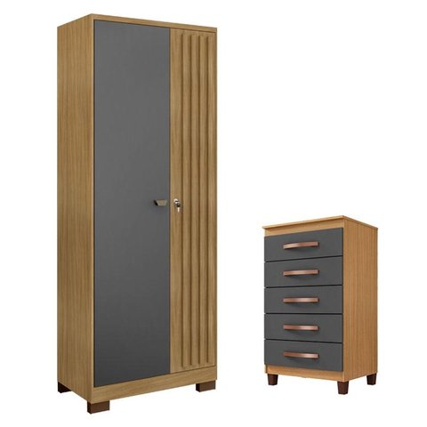 Cômoda Cannes 5 Gavetas com Armário Multiuso Versatile 2 Portas com Chave Carvalho Americano Grafite