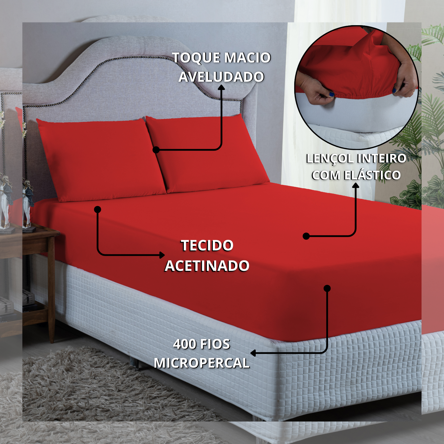 Roupa de Cama Queen 400 Fios 4 Peças com Virol Hotel Pousada Macio Acetinado:vermelho - 6