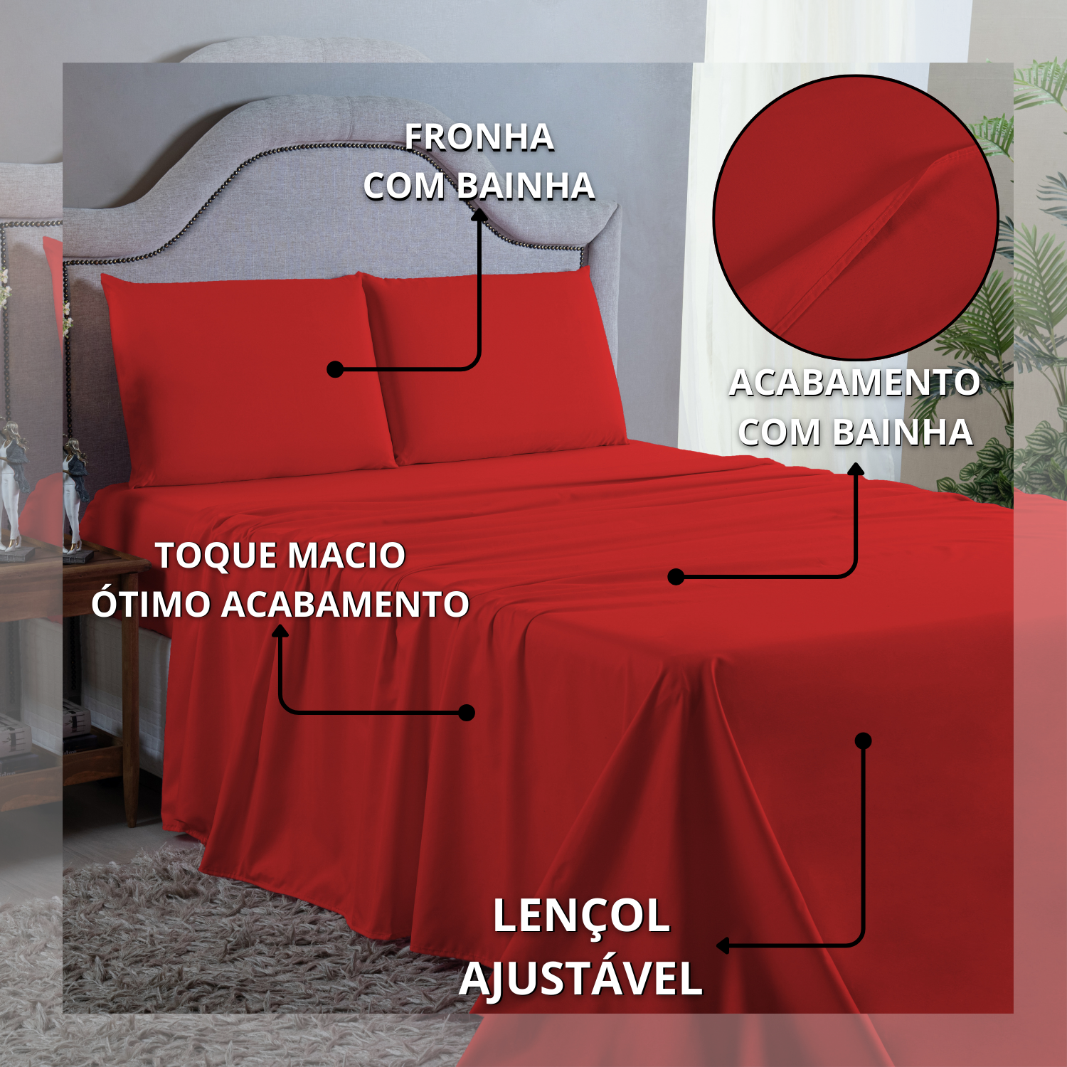 Roupa de Cama Queen 400 Fios 4 Peças com Virol Hotel Pousada Macio Acetinado:vermelho - 5