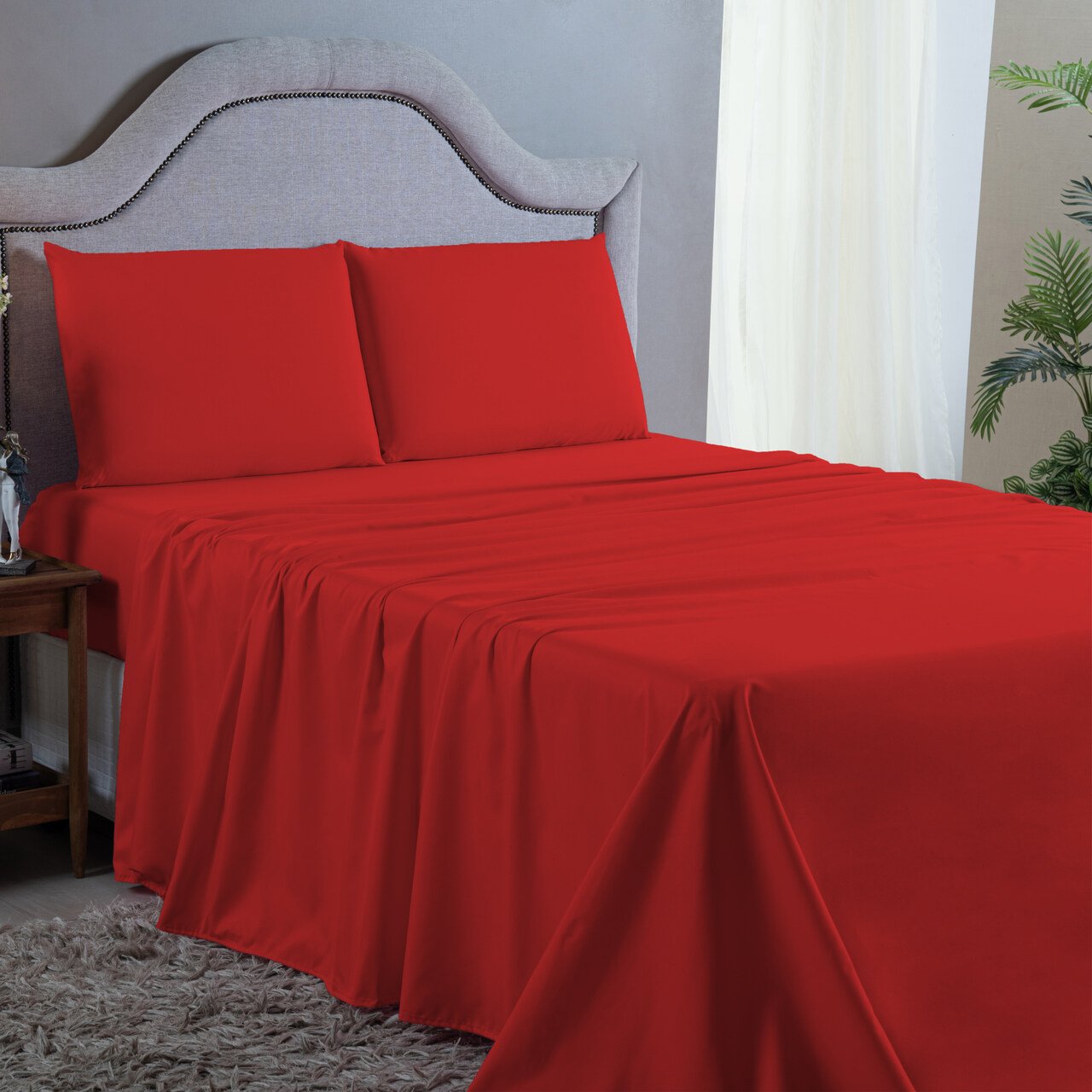 Roupa de Cama Queen 400 Fios 4 Peças com Virol Hotel Pousada Macio Acetinado:vermelho - 2